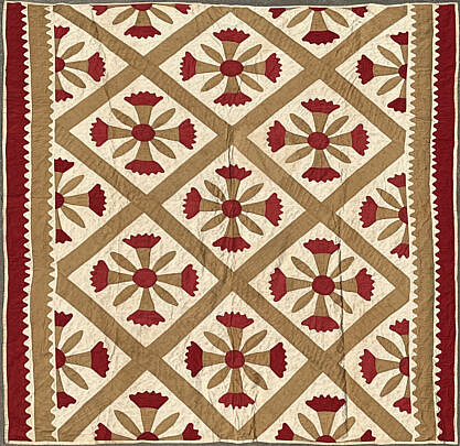 19th Century Hand Stitched Poppy Floral Applique Quilt