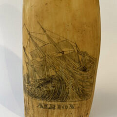 Large Scrimshaw Two-Sided Whale Tooth of the “Ship Alrion” and Portrait of a Woman, First Half of the 19th Century