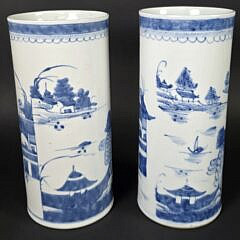Pair of Antique Canton Brush Pots, 19th Century
