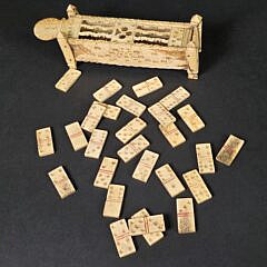 Antique French Prisoner of War Carved Bone Dominoes Game Box, early 19th Century