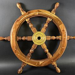 Vintage Inlaid Six-Spoke Ships Steering Wheel, 20th century.