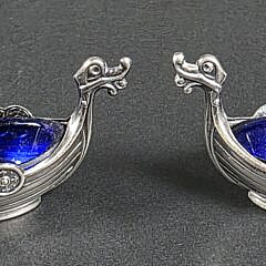 Pair of Sterling Silver Viking Ship Open Salt Cellars, 20th Century