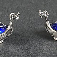 Pair of Sterling Silver Viking Ship Open Salt Cellars, 20th Century