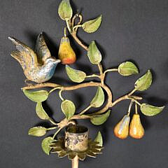 Pair of Vintage Painted Metal Bird and Foliate Hanging Wall Sconces, 20th century