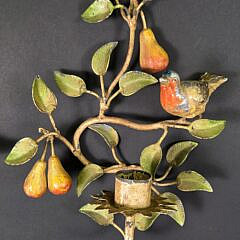 Pair of Vintage Painted Metal Bird and Foliate Hanging Wall Sconces, 20th century