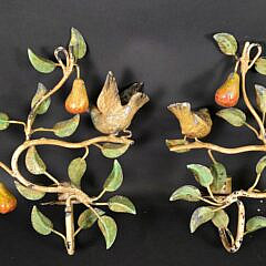 Pair of Vintage Painted Metal Bird and Foliate Hanging Wall Sconces, 20th century