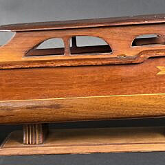 Vintage Multiwood Inlaid Cherry and Mahogany Wind Up Boat Pond Model, 20th century