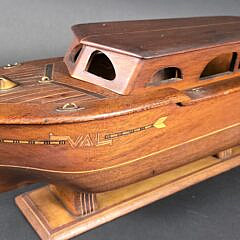 Vintage Multiwood Inlaid Cherry and Mahogany Wind Up Boat Pond Model, 20th century