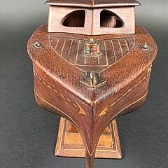 Vintage Multiwood Inlaid Cherry and Mahogany Wind Up Boat Pond Model, 20th century
