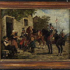 Antique  European War Cavalry Oil on Canvas Painting, 19th Century