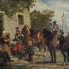 Antique  European War Cavalry Oil on Canvas Painting, 19th Century