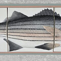Vintage Ron Goeke Bisque Porcelain Tile Striped Bass Shadowbox, 20th Century