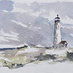 David Lazarus Watercolor on Paper “Great Point Lighthouse”, Nantucket Painting