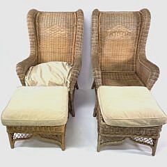 Pair of Vintage Ralph Lauren Rattan High Back Wing Chairs