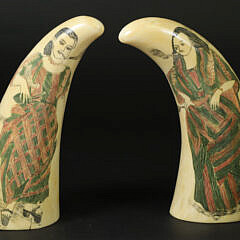 Pair of Polychrome Whale Teeth with Portraits of Young Lady and Gentleman, 19th Century