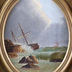 Oil on Canvas American School Seascape “On The Rocks”, 19th Century