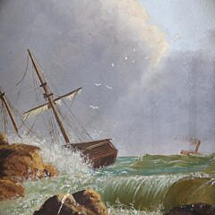 Oil on Canvas American School Seascape “On The Rocks”, 19th Century
