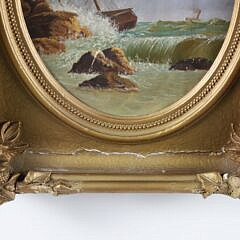 Oil on Canvas American School Seascape “On The Rocks”, 19th Century