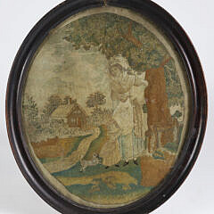 18th Century English Silk Needlework Portrait of Lady, Daughter and Pet Dog