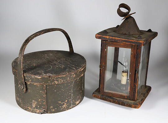 19th Century Primitive Covered Circular Box and Early Primitive Lantern