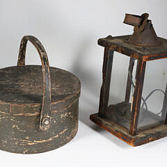 Primitive Nantucket Made Covered Circular Box and Early Lantern, 19th Century