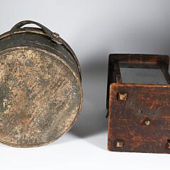 Primitive Nantucket Made Covered Circular Box and Early Lantern, 19th Century