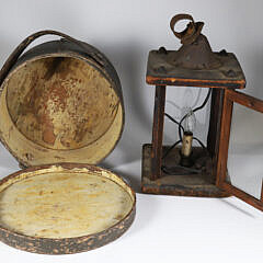 Primitive Nantucket Made Covered Circular Box and Early Lantern, 19th Century