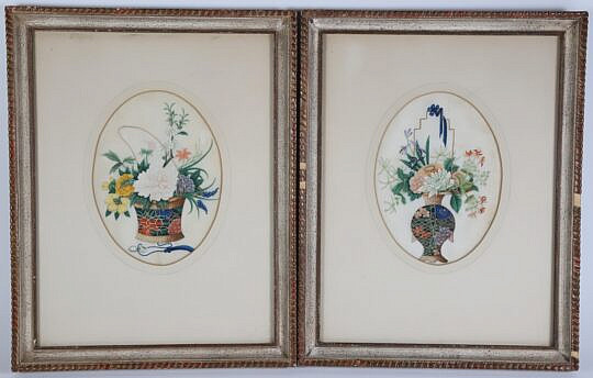 Fine Pair of Early 19th Century Chinese Watercolor on Rice Paper Floral Still Life