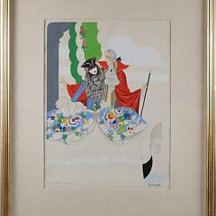 Art Deco Gouche and Watercolor Italian Fashion Painting by Bentivoglio