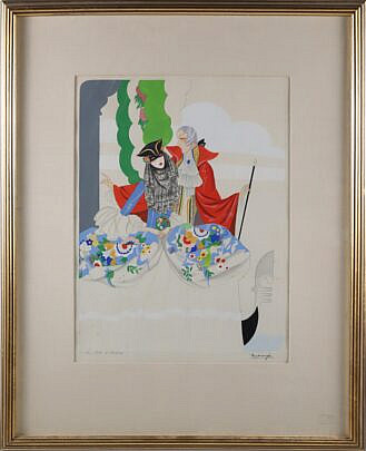 Art Deco Gouche and Watercolor Italian Fashion Painting by Bentivoglio