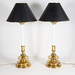 Pair of Hand Crafted Maitland Smith Brass Candlestick Lamps with Tole Shades