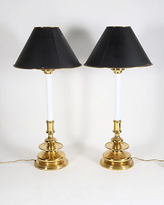 Pair of Hand Crafted Maitland Smith Brass Candlestick Lamps with Tole Shades