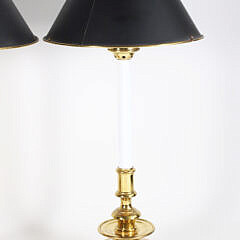 Pair of Hand Crafted Maitland Smith Brass Candlestick Lamps with Tole Shades