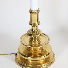 Pair of Hand Crafted Maitland Smith Brass Candlestick Lamps with Tole Shades