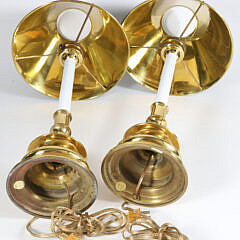Pair of Hand Crafted Maitland Smith Brass Candlestick Lamps with Tole Shades