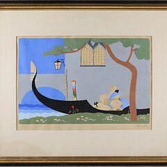 Art Deco Gouache and Watercolor Venetian Scene Painted by Bentivoglo