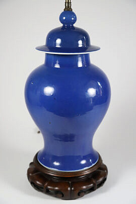 Chinese Blue Porcelain Temple Jar Mounted as Lamp