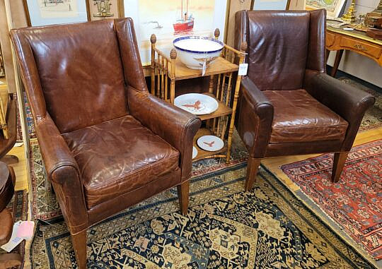 Pair of Brown Leather Upholstered Crate & Barrel Easy Chairs
