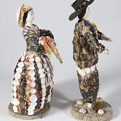 Pair of Coquille Seashell Embossed Figures of a Man and Woman, 18th / 19th Century