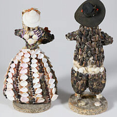 Pair of Coquille Seashell Embossed Figures of a Man and Woman, 18th / 19th Century