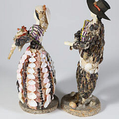 Pair of Coquille Seashell Embossed Figures of a Man and Woman, 18th / 19th Century