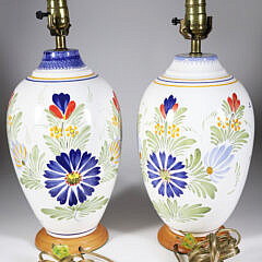 Pair of Signed French Quimper Ceramic Decorated Lamps