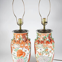 Pair of Chinese Porcelain Floral Decorated Lamps with Applied Caterpillars and Lizards