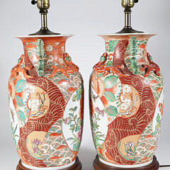 Pair of Chinese Porcelain Floral Decorated Lamps with Applied Caterpillars and Lizards