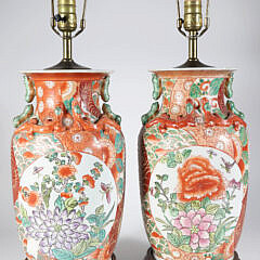 Pair of Chinese Porcelain Floral Decorated Lamps with Applied Caterpillars and Lizards