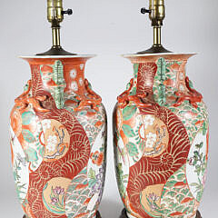 Pair of Chinese Porcelain Floral Decorated Lamps with Applied Caterpillars and Lizards