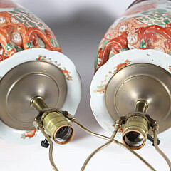 Pair of Chinese Porcelain Floral Decorated Lamps with Applied Caterpillars and Lizards
