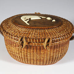 Bea & Hellen “The Wooden Jug” Nantucket Cocktail Basket with Carved Nantucket Island on Lid, circa 1960s