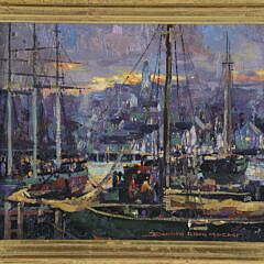 Donald Allen Moser “Moonlight Harbor Scene” Oil on Canvas