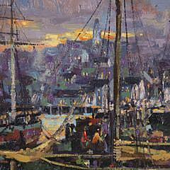 Donald Allen Moser “Moonlight Harbor Scene” Oil on Canvas